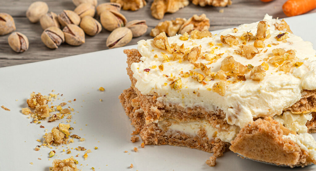 Tiramisú de tarta de zanahoria sin gluten y sin fructosa.