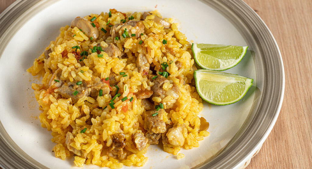 Arroz con lagarto de cerdo y champiñones Bajo en FODMAPs