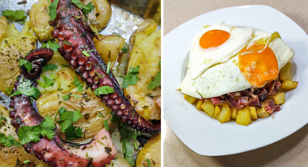 Pulpo a la Lagareiro (al horno) y huevos rotos con mojama