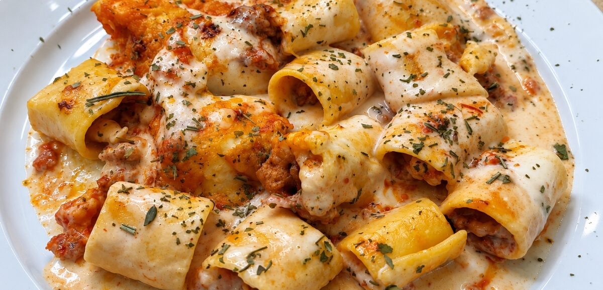 Paccheri con salchicha y guanciale sin gluten