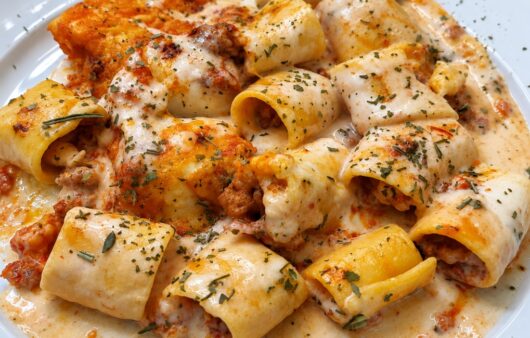 Paccheri con salchicha y guanciale sin gluten