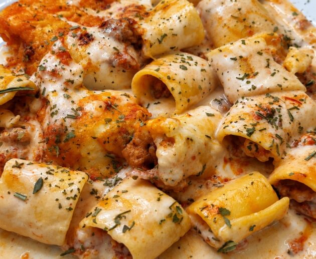 Paccheri con salchicha y guanciale sin gluten