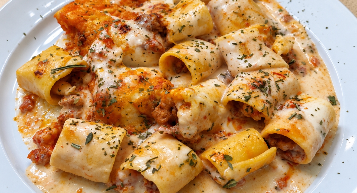 Paccheri con salchicha y guanciale sin gluten